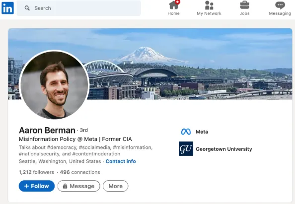 Graphic exposing Aaron Berman's role in CIA and Facebook content moderation.