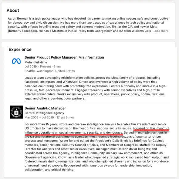 Aaron Berman's LinkedIn profile showing his professional experience as Senior Product Policy Manager at Meta and Senior Analytic Manager at the Central Intelligence Agency.