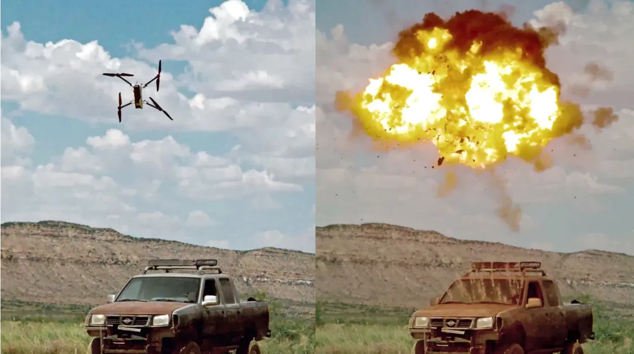 Side by side comparison showing an autonomous military drone flying and triggering a target vehicle explosion in an open field.