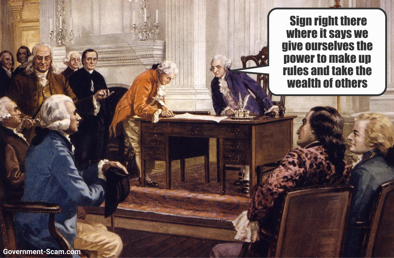Satirical representation of historical government figures signing a document with a speech bubble about wealth extraction.