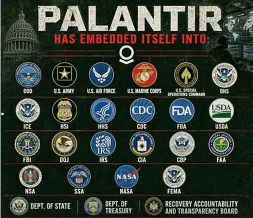 Diagram illustrating the relationship between Palantir and government agencies like CIA, DOD, DHS, and ICE.