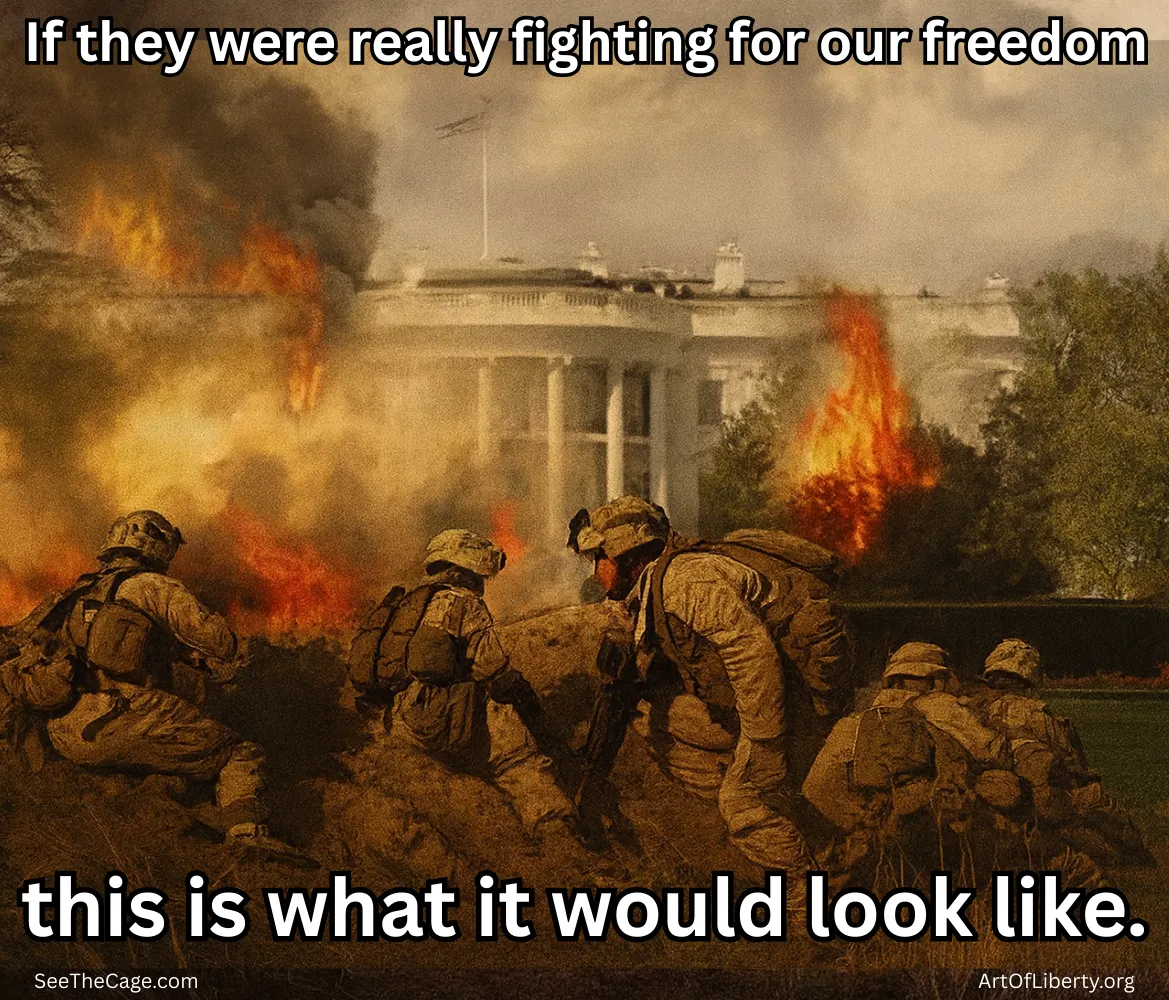Soldiers fighting white house burning freedom war satire