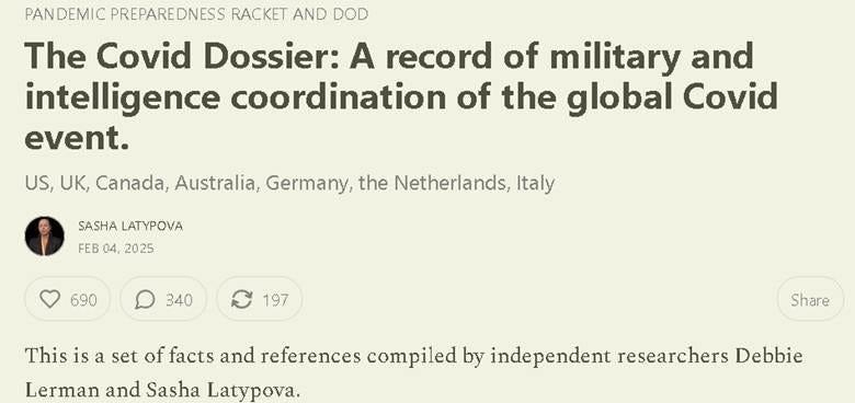 The Covid Dossier article by Sasha Latypova and Debbie Lerman documenting military and intelligence coordination