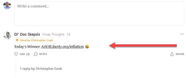 Screenshot of a censored comment linking to an Art of Liberty Foundation article on another Substack creator's post