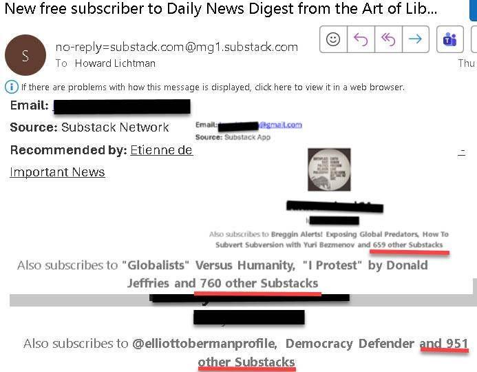 Screenshot of a suspicious fake Substack subscriber account subscribed to over 900 other Substacks