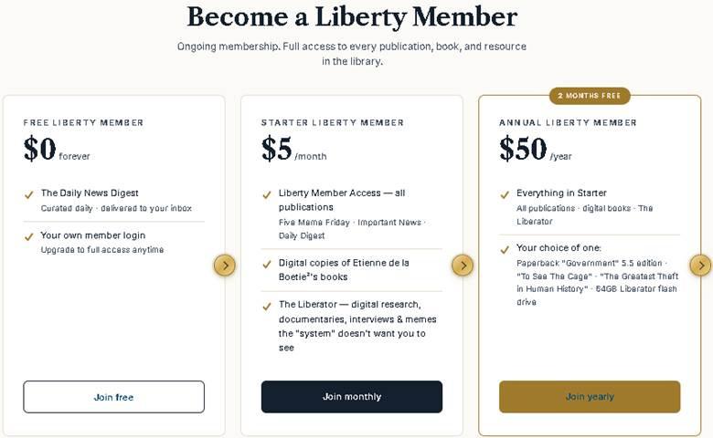 Become a Liberty Member pricing table showing Free, five dollars a month Starter, and fifty dollars a year Annual membership tiers