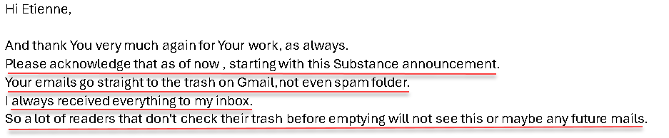 Reader email reporting that Art of Liberty Foundation emails started going straight to Gmail trash after the Substack censorship announcement