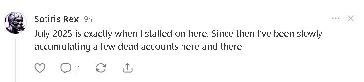 Substack Notes comment from Sotiris Rex confirming his own growth stalled in July 2025