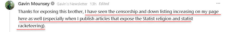 Substack Notes comment from Gavin Mounsey confirming censorship and down-listing on his own newsletter