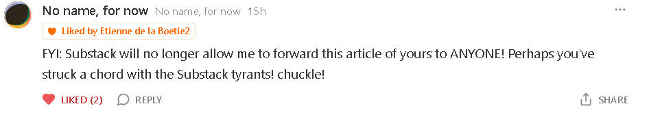 Reader comment saying Substack will no longer let them forward the article to anyone