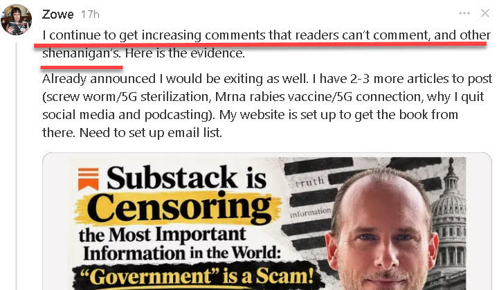 Substack Notes comment from Zowe describing readers unable to comment and announcing they are also leaving the platform
